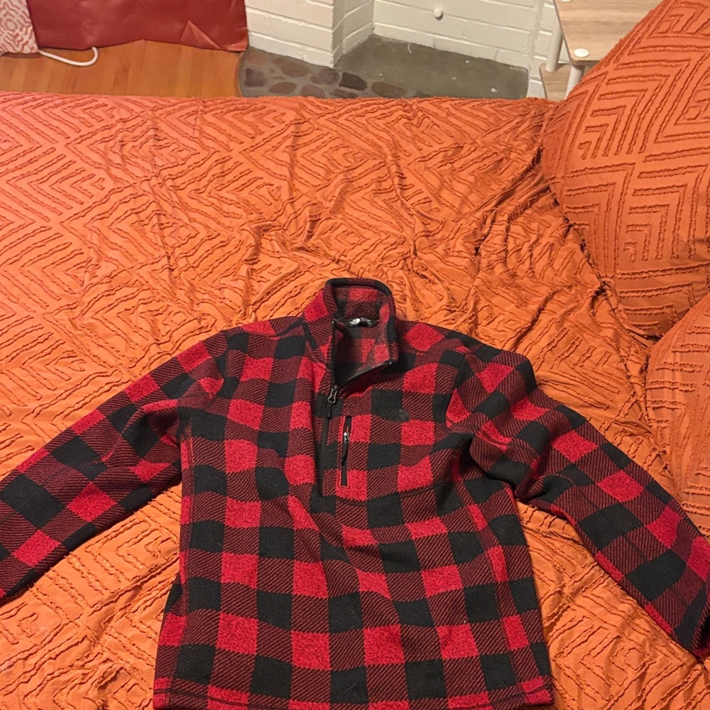 The North Face Red and Black Checkered Zip Up Sweater